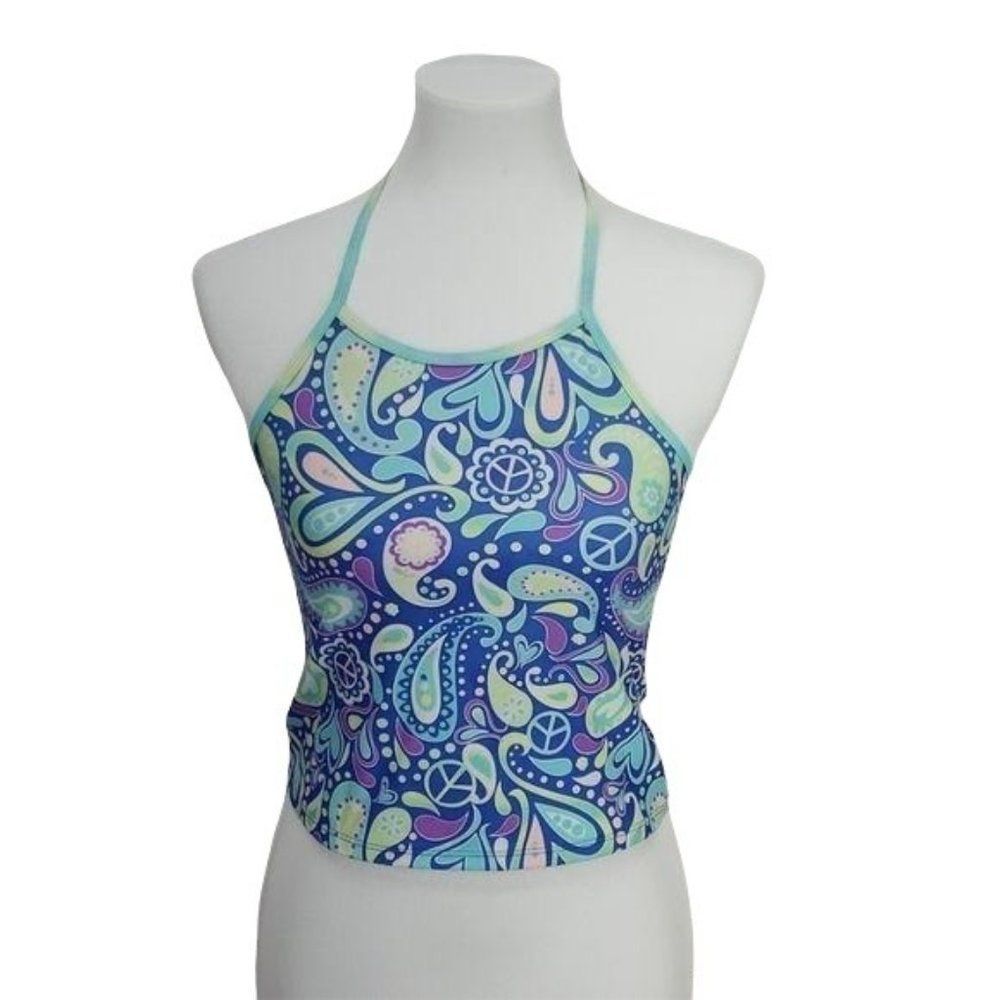 OP Blue Fire Paisley Peace Sign Halter Tankini Top Girls Size‎ L 10-12 OG2770768
